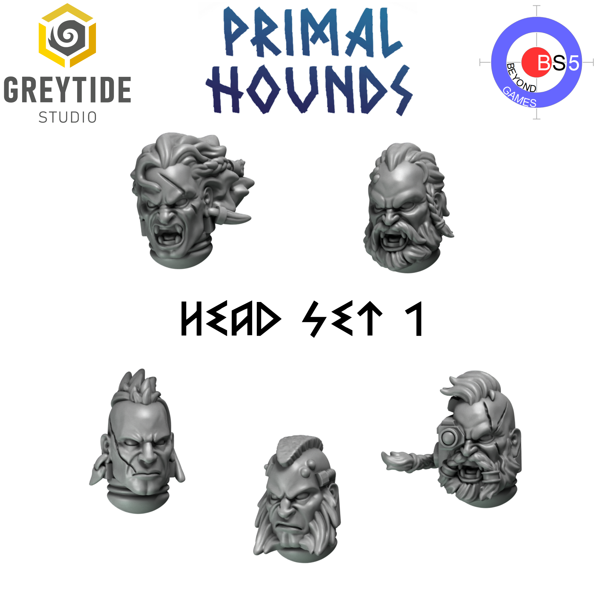 Primal Hounds Head Set 1 resin upgrade bits by Greytide Studio for grimdark tabletop miniatures
